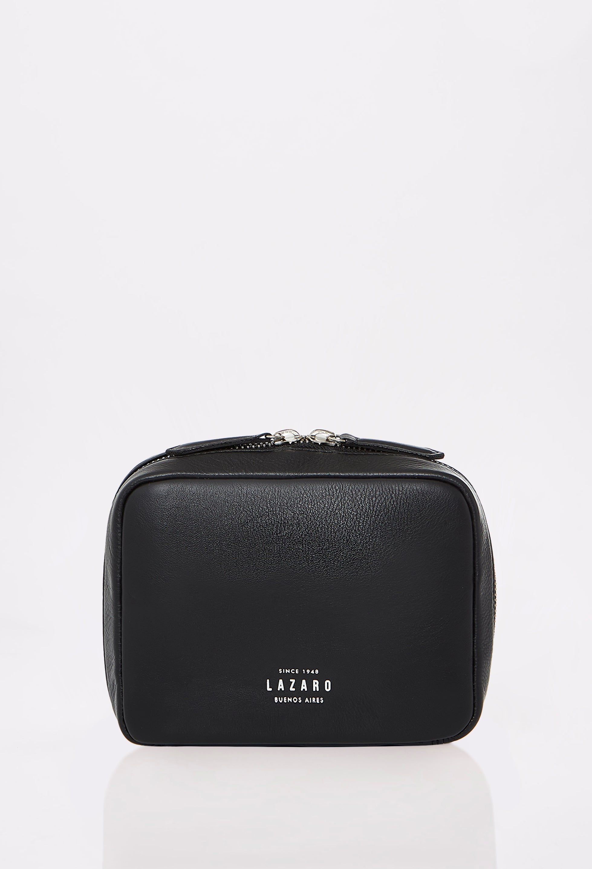 Front of a Black Leather Tech Case Salerno with a wide zip-around opening and Lazaro embossed logo.