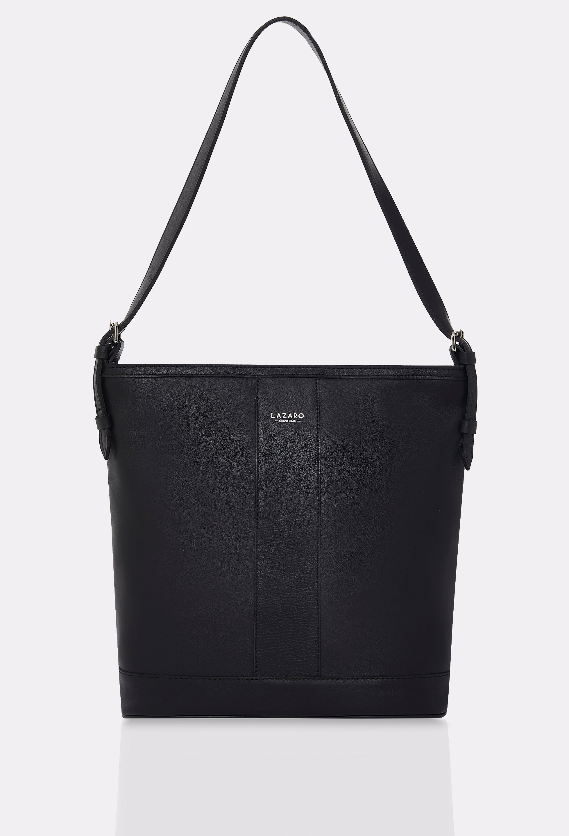 Front of a Black Leather Tote Bag Montana with leather padded and adjustable strap and silver embossed Lazaro logo.