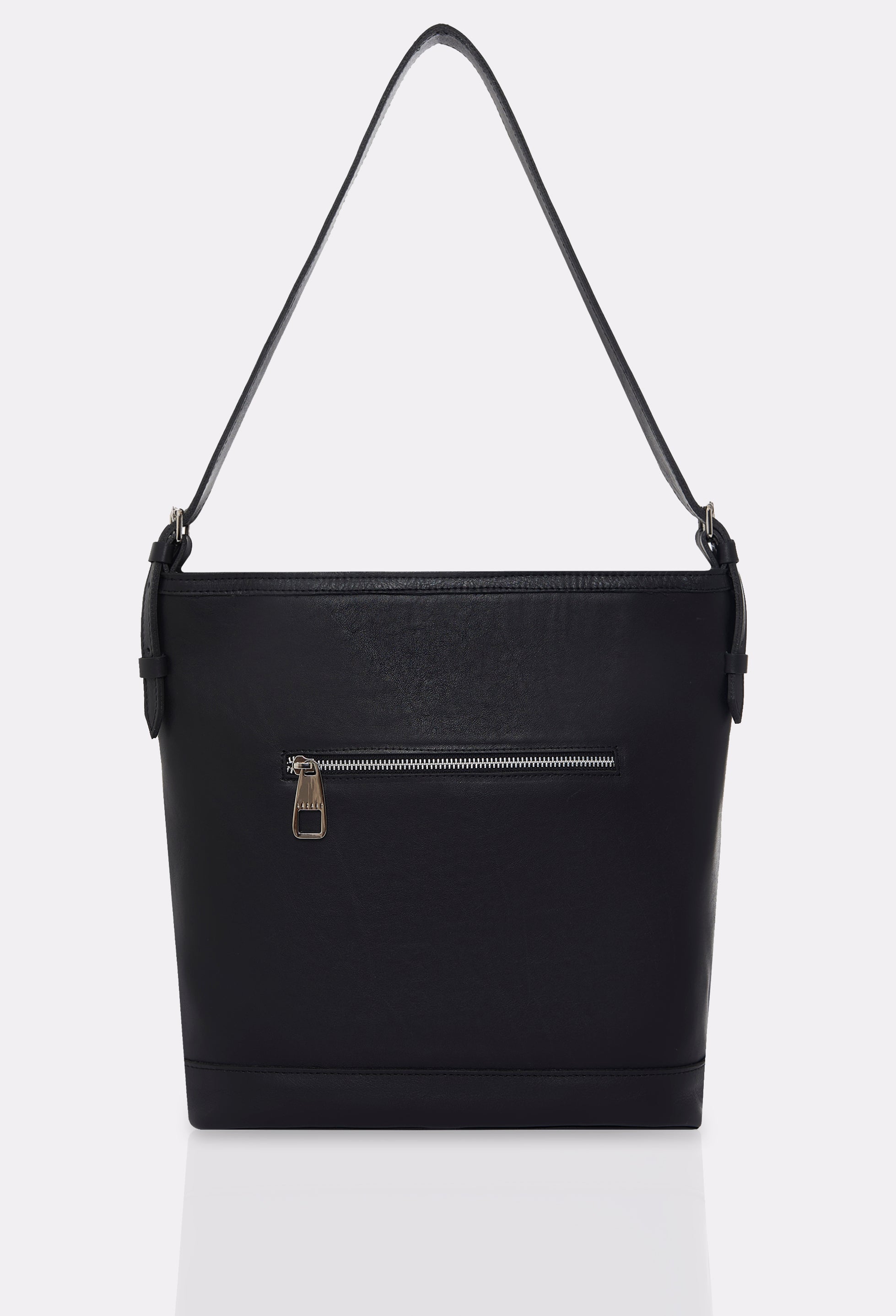 Rear of a Black Leather Tote Bag Montana with an external zippered pocket.