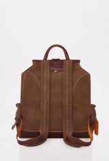 Rear of a Coffee Canvas Backpack with leather details and padded and adjustable straps.