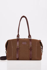 Front of a Coffee Canvas Duffel Bag with Lazaro logo and leather straps.