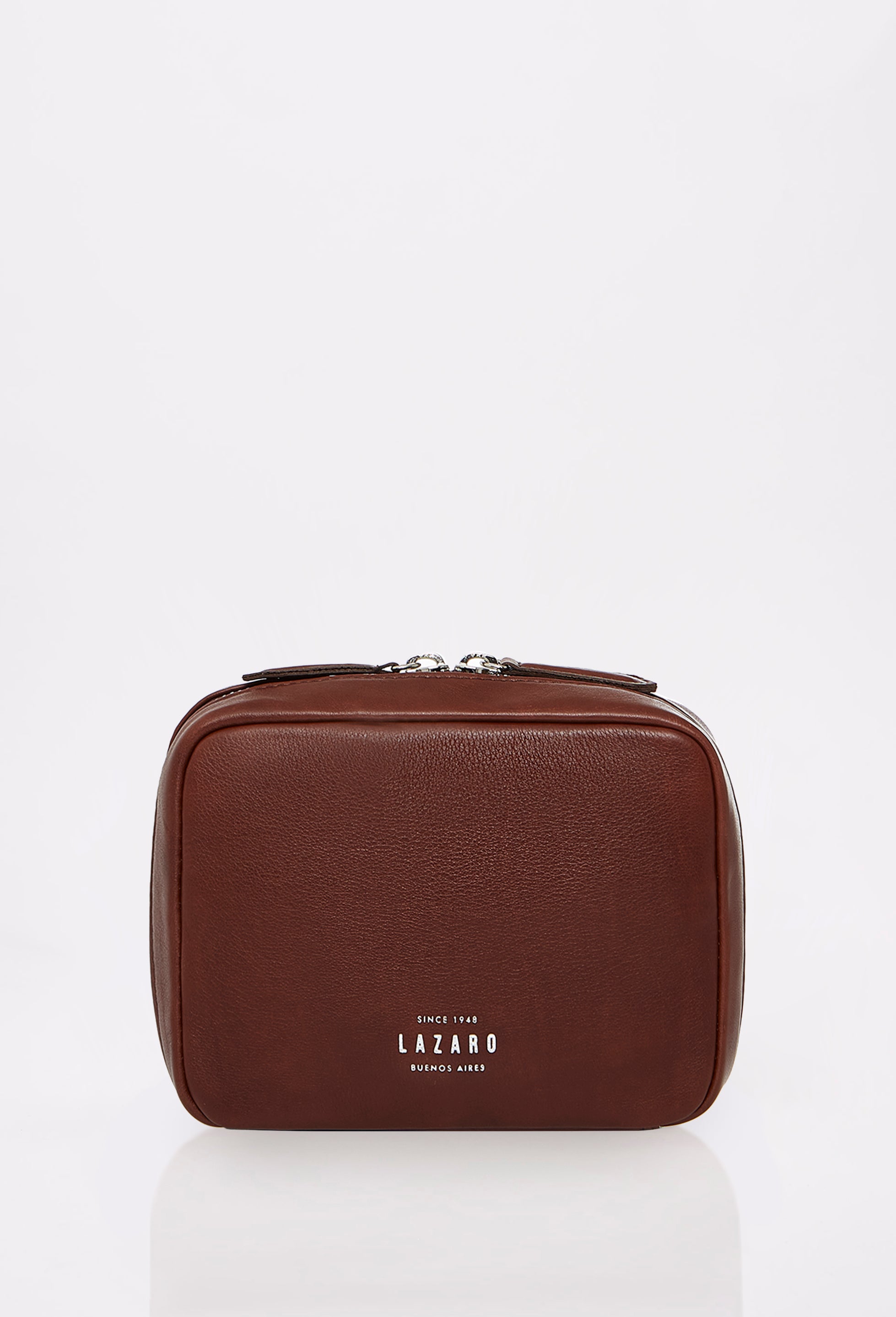 Front of a Coffee Leather Tech Case Salerno with a wide zip-around opening and Lazaro embossed logo.