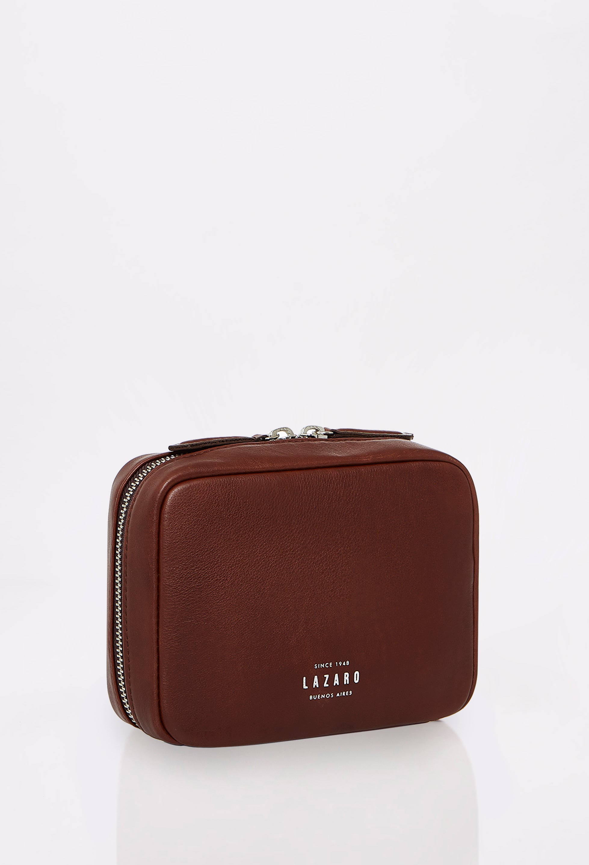 Side of a Coffee Leather Tech Case Salerno with a wide zip-around opening and Lazaro embossed logo.