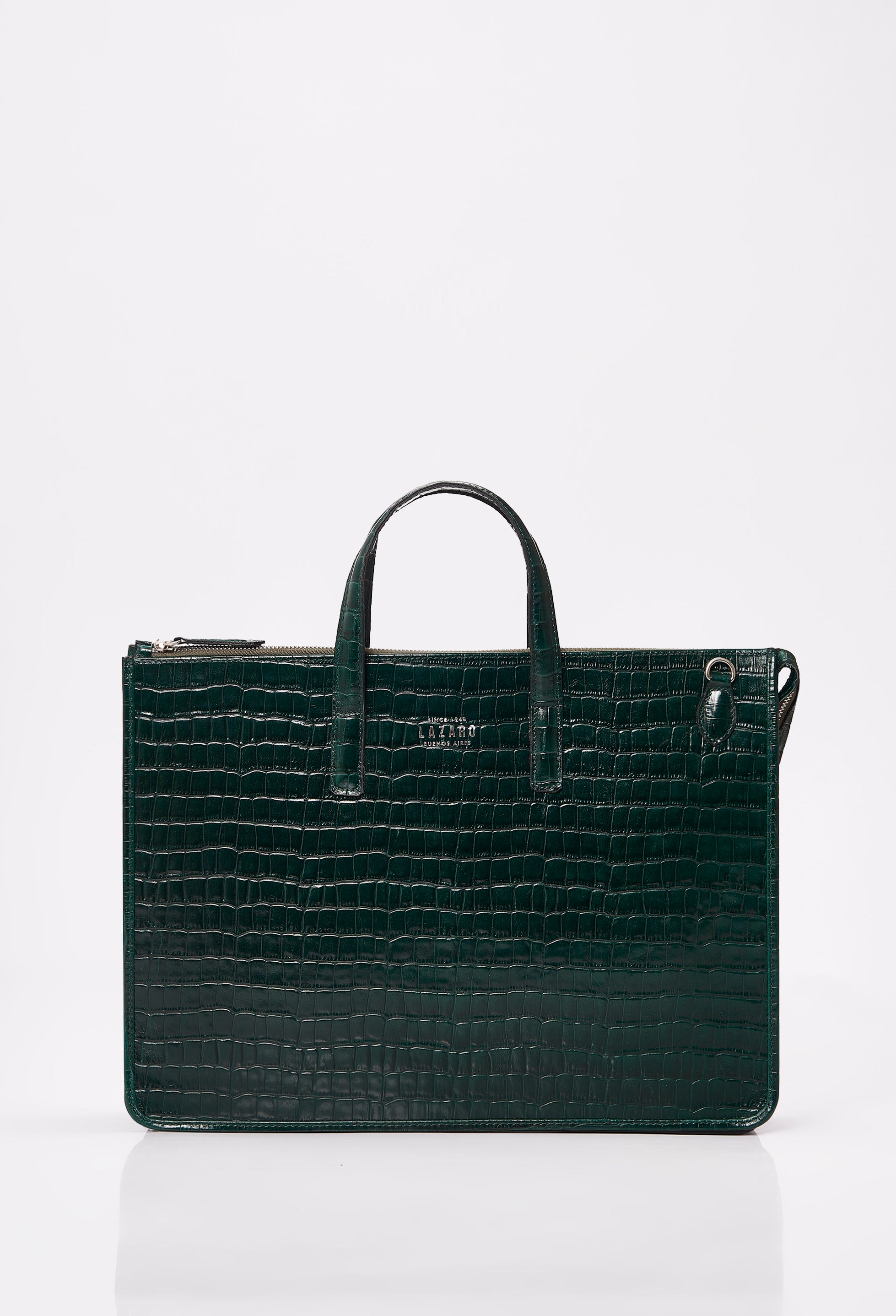 Front of a Green Croco Leather Slim Briefcase with Lazaro logo.