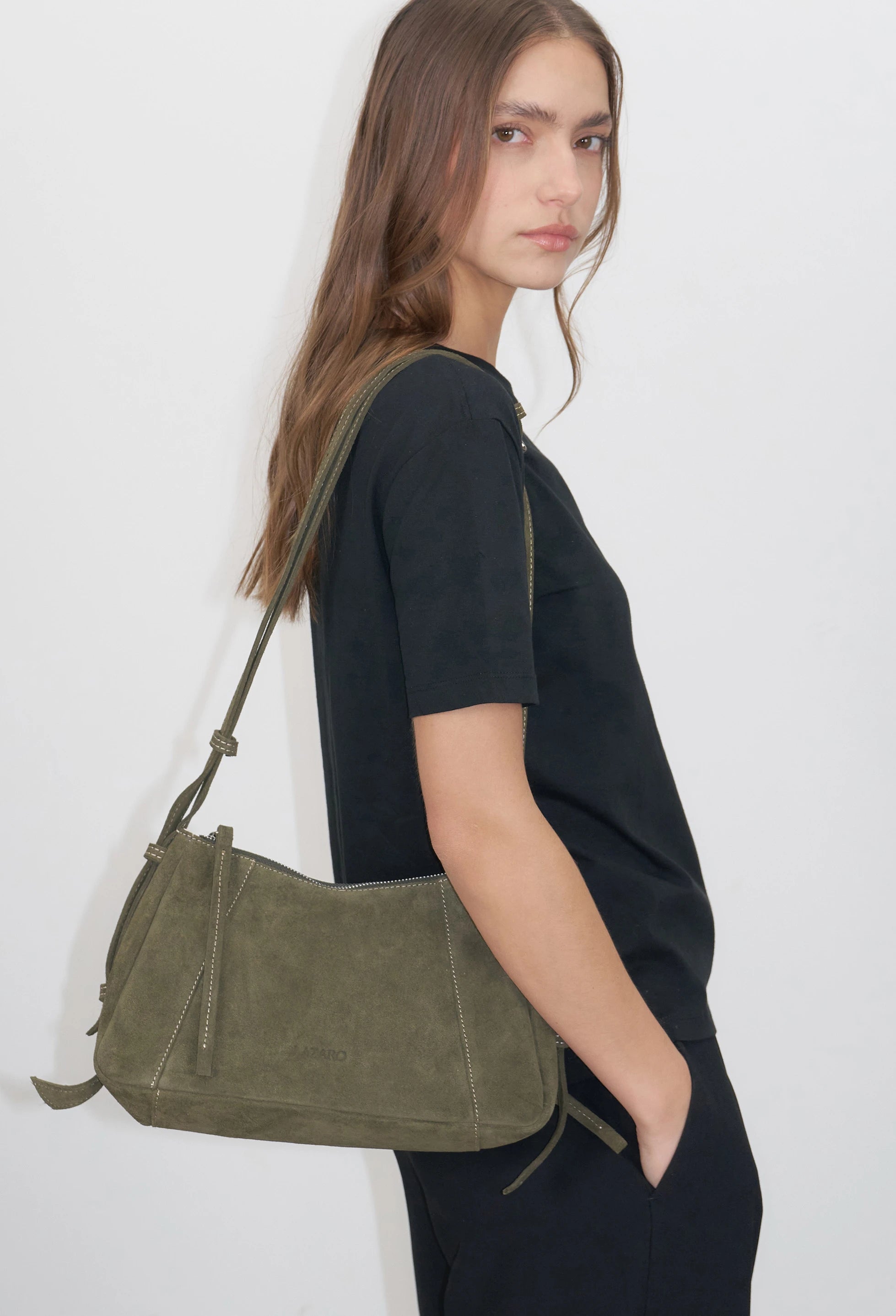 Nina Baguette Bag - Sage Suede