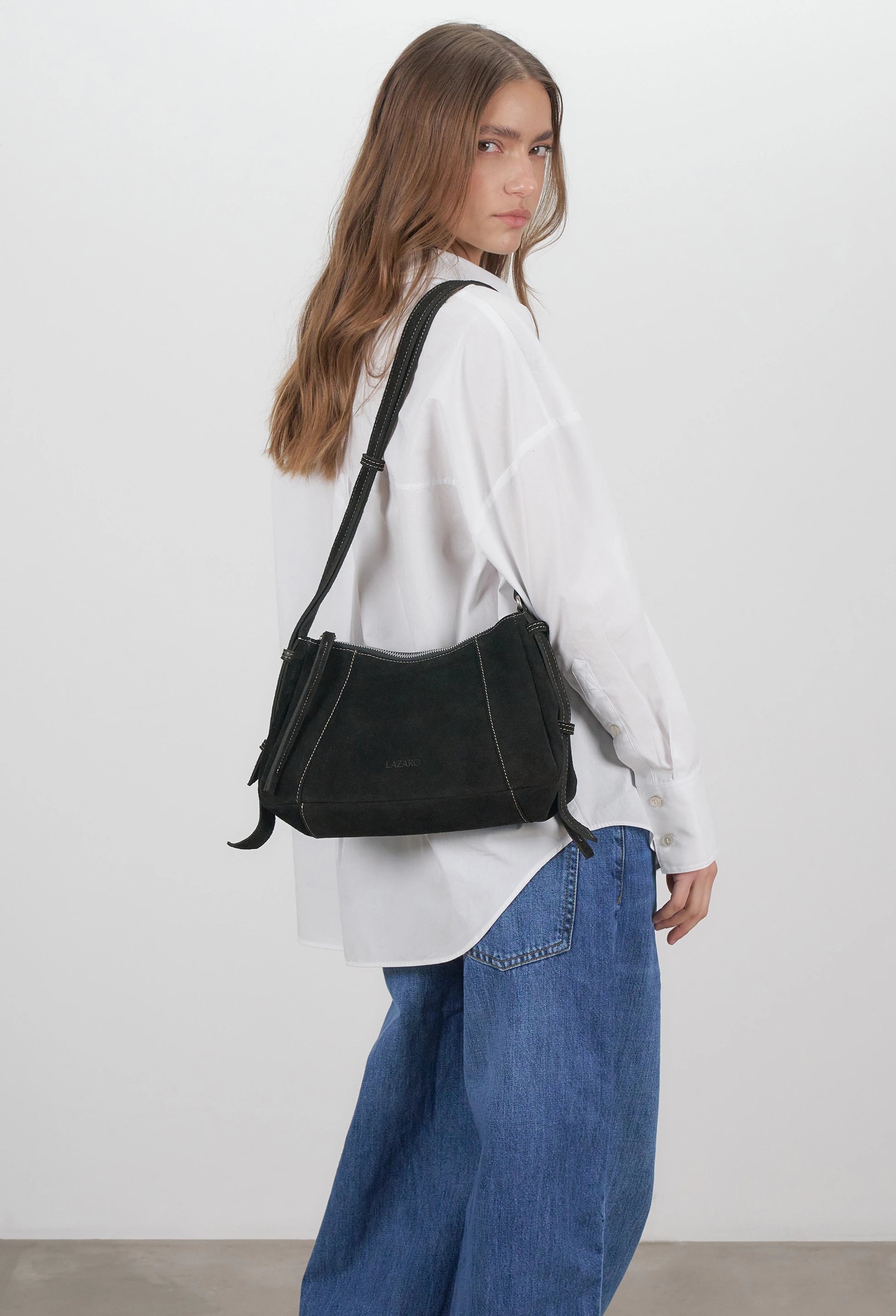 Nina Baguette Bag - Black Suede
