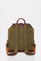 Rear of a Olive Canvas Backpack with leather details and padded and adjustable straps.