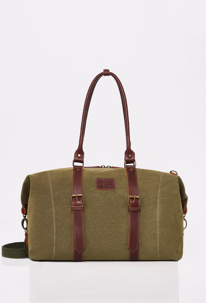 Front of a Olive Canvas Duffel Bag with Lazaro logo and leather straps.