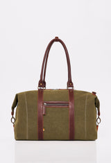 Rear of a Olive Canvas Duffel Bag that shows a zippered pocket and leather handles.