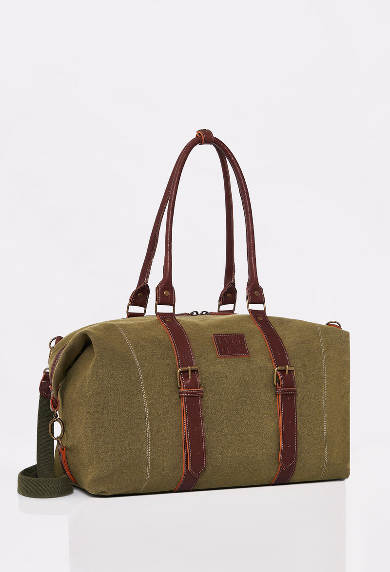 Side of a Olive Canvas Duffel Bag with Lazaro logo, leather handles and a detachable shoulder strap.