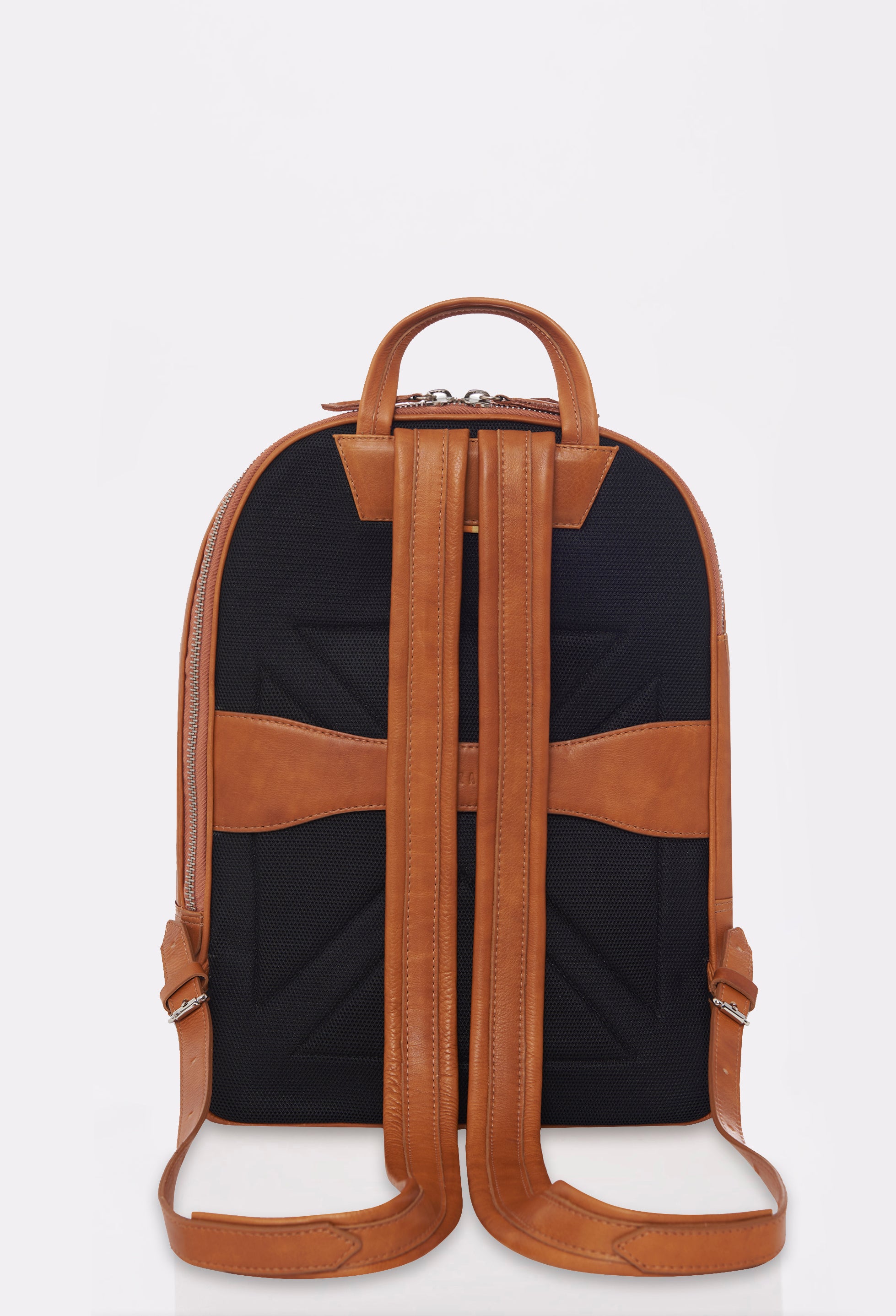 Rear of a Tan Leather Backpack ergonomically shaped, made of durable textured mesh, with a leather integrated luggage holder and leather padded and adjustable straps.