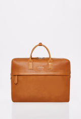 Front of a Tan Leather Briefcase with Lazaro logo and a zippered pocket.