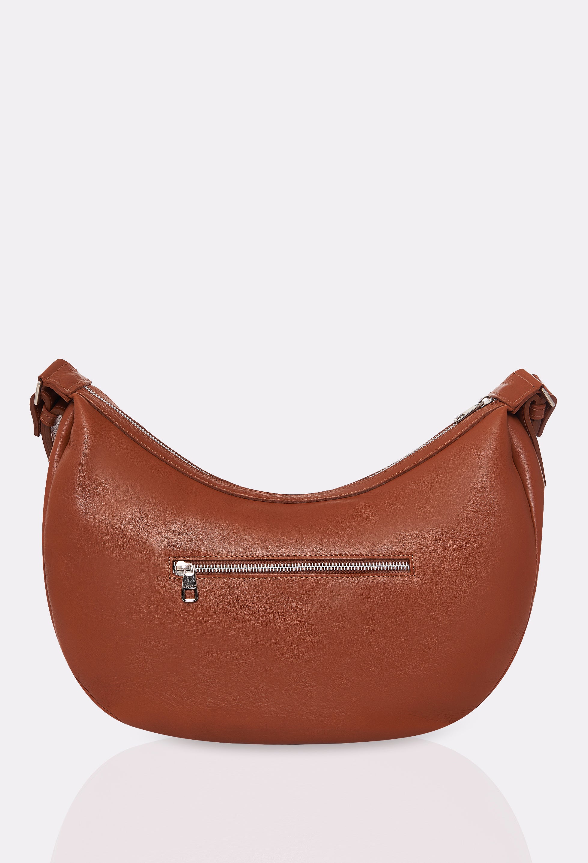 Rear of a Tan Leather Crossbody Bag Himalaya with a zippered external pocket.