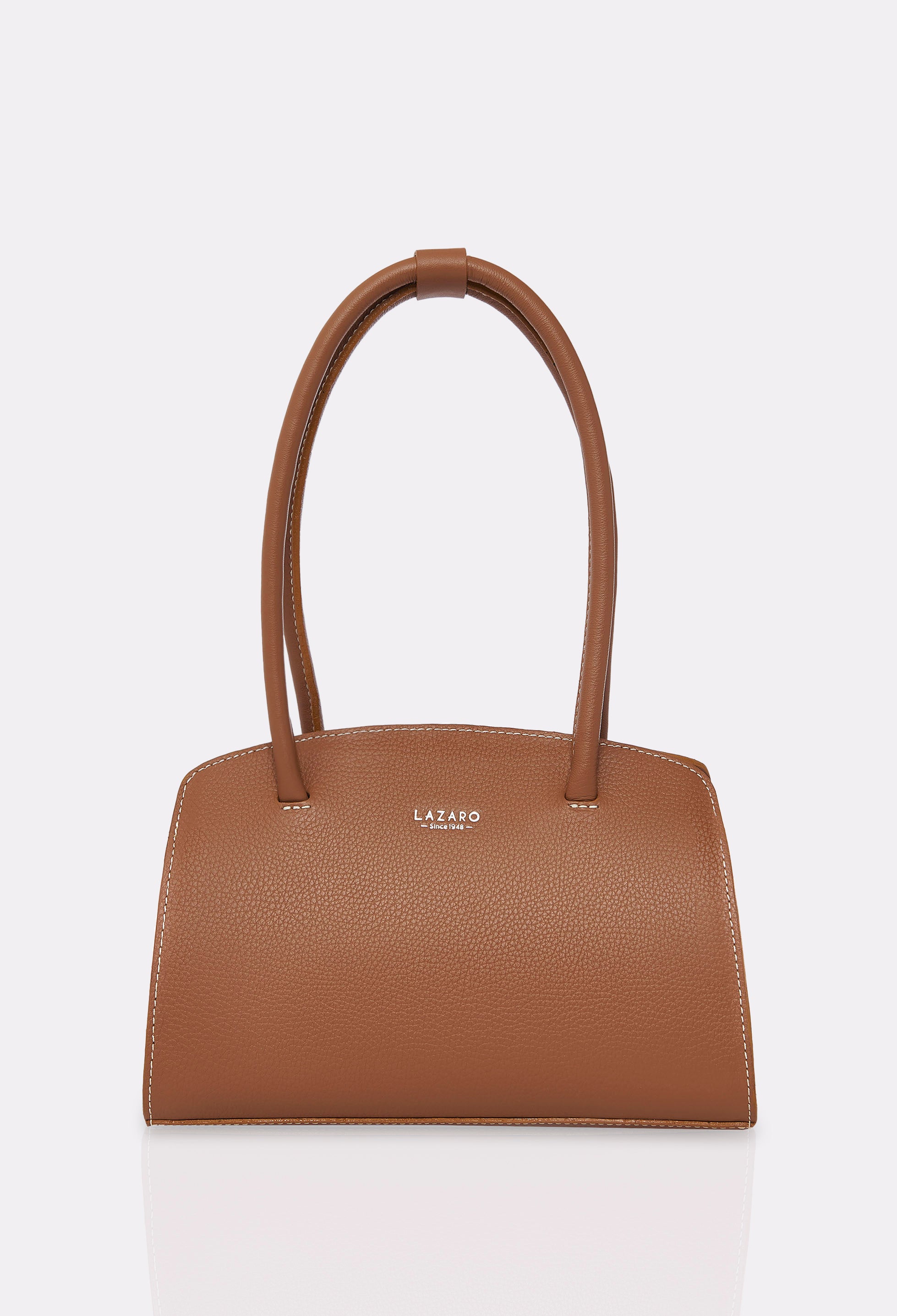 Front of a Tan Leather Shoulder Bag Margot with Lazaro logo and contrast stitching highlights.