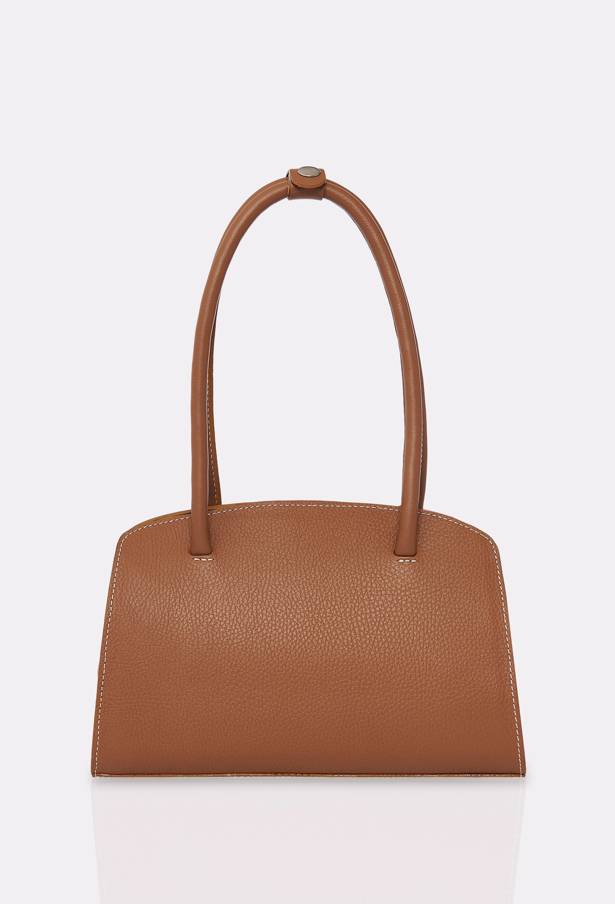 Rear of a Tan Leather Shoulder Bag Margot with contrast stitching highlights.