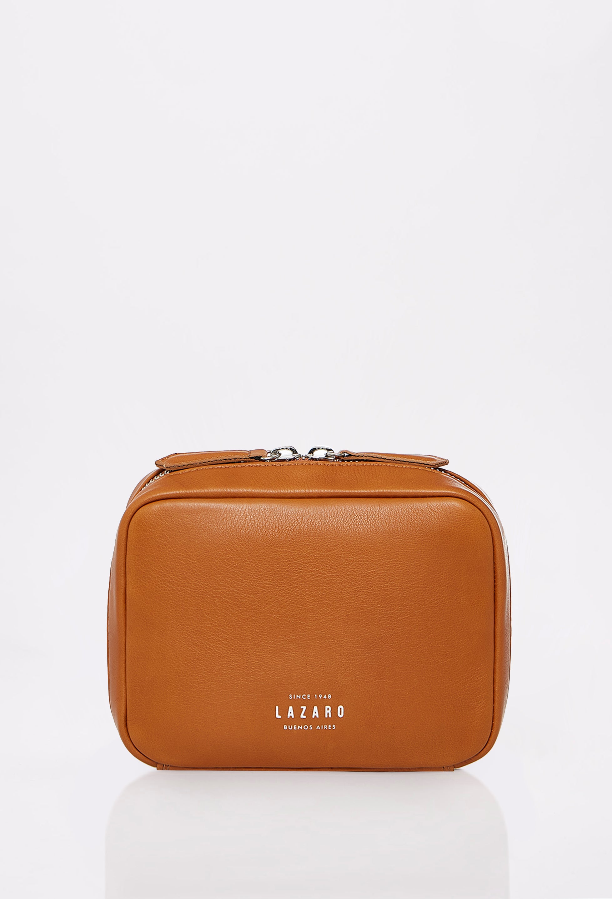 Front of a Tan Leather Tech Case Salerno with a wide zip-around opening and Lazaro embossed logo.