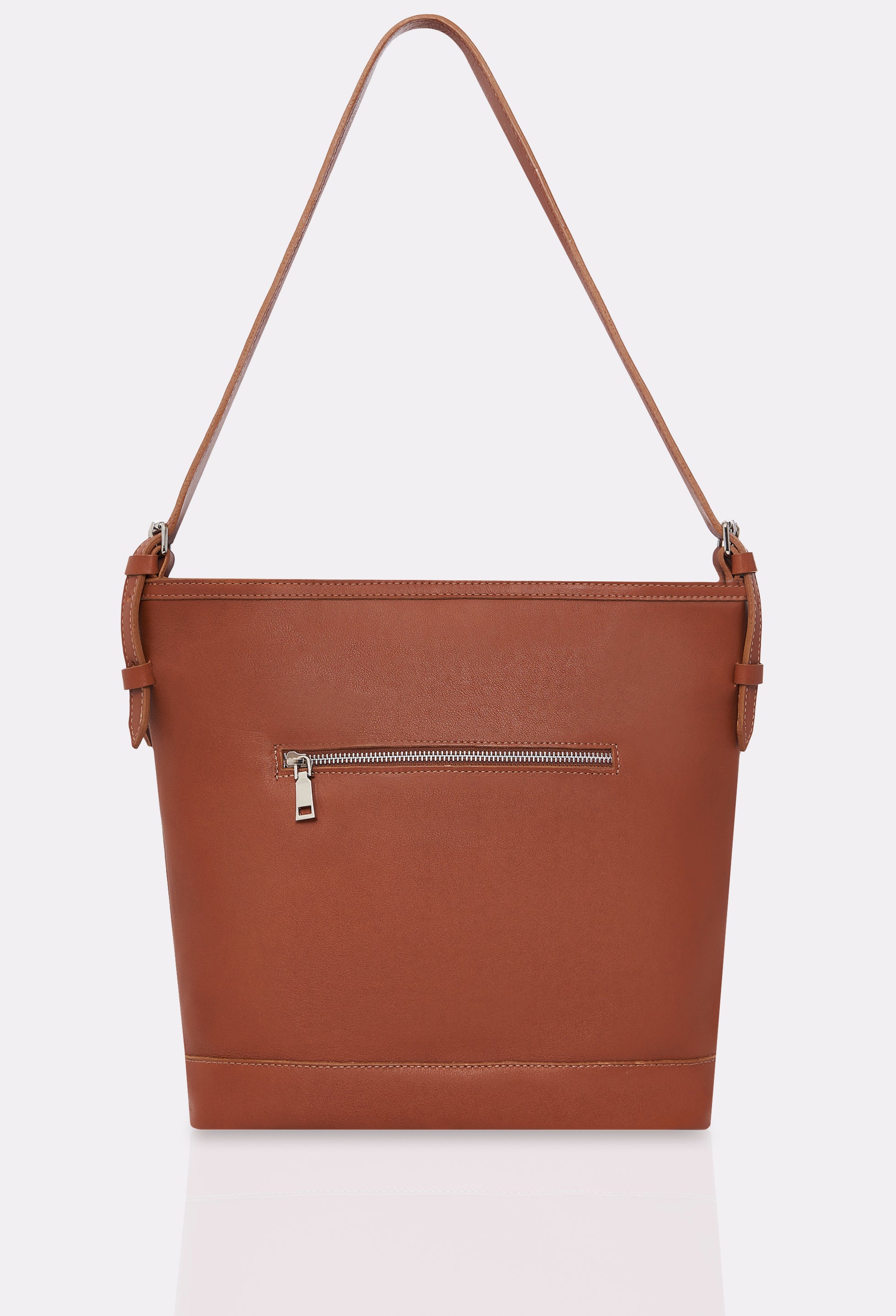 Rear of a Tan Leather Tote Bag Montana with an external zippered pocket.