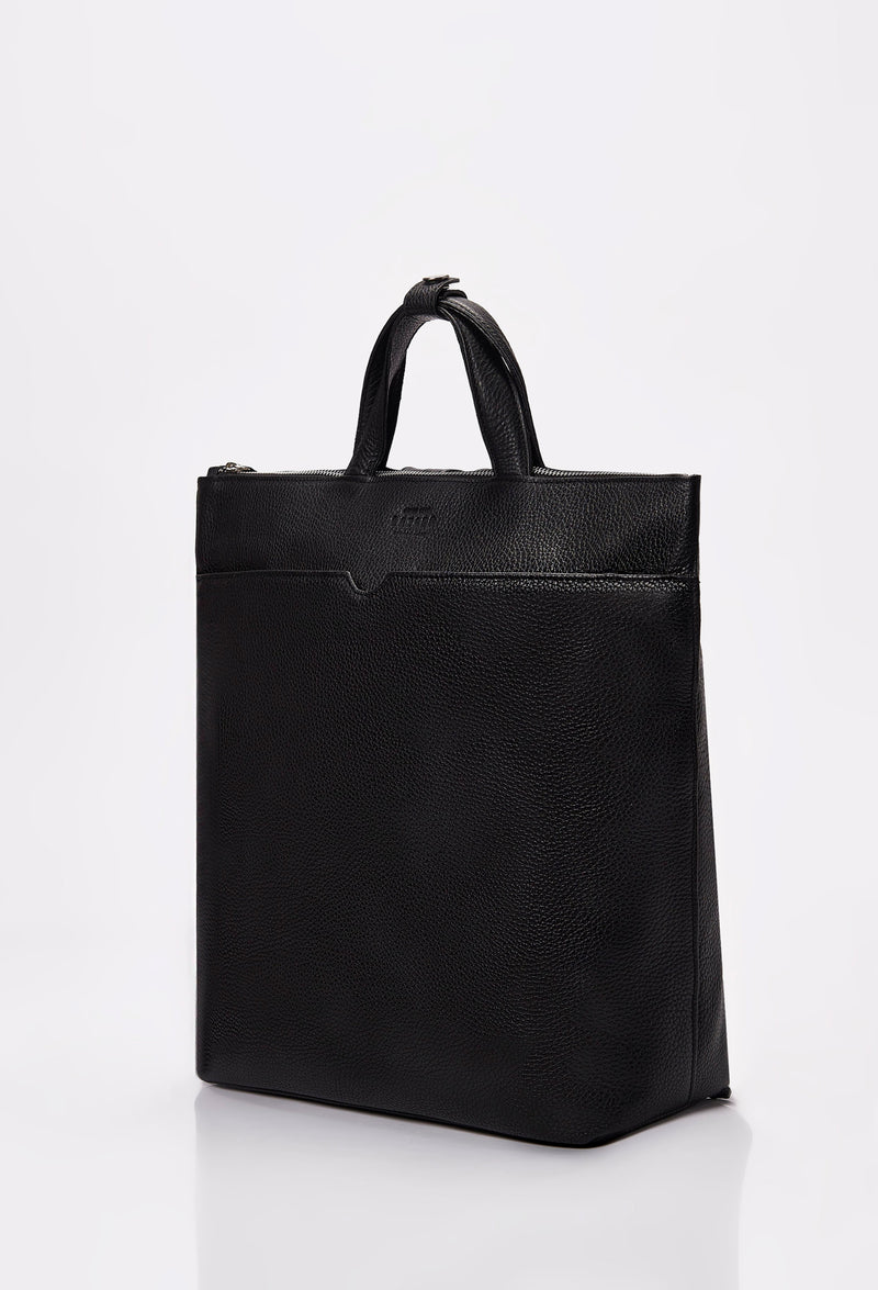 Black Leather Minimalist Tote Backpack