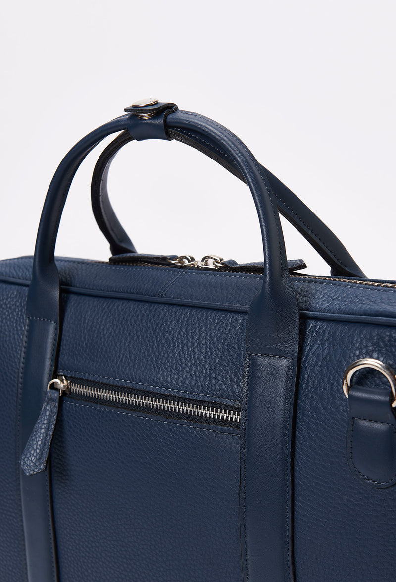Blue Leather Business Briefcase With Laptop Compartment