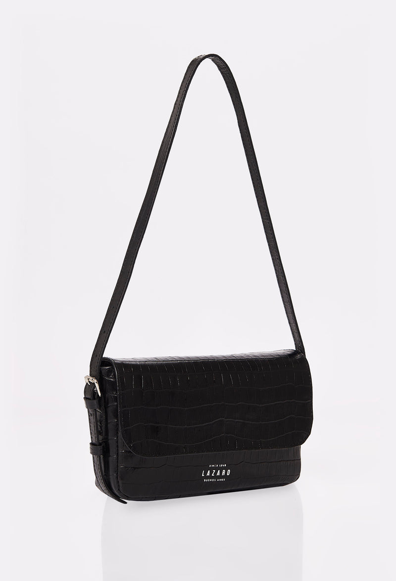 Black Croco Leather Shoulder Flap Bag 'Gwen'