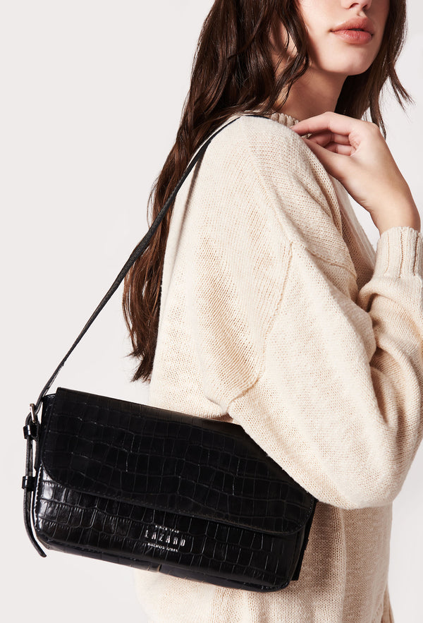 Black Croco Leather Shoulder Flap Bag 'Gwen'