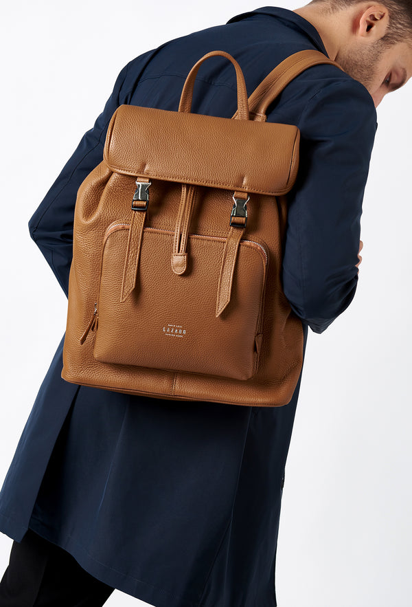 Tan Large Leather Backpack With Buckle Closure