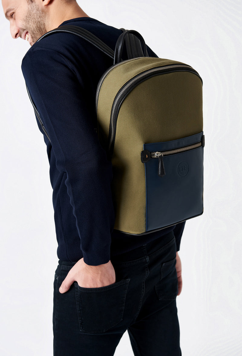 Olive Canvas & Leather Backpack With Laptop Compartment