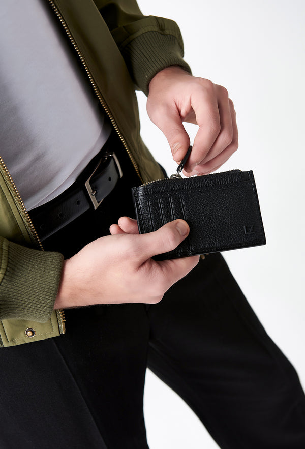 Black Leather Zip-Top Card Holder