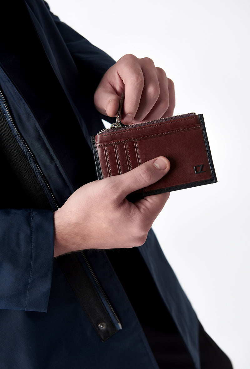 Coffee Leather Zip-Top Card Holder