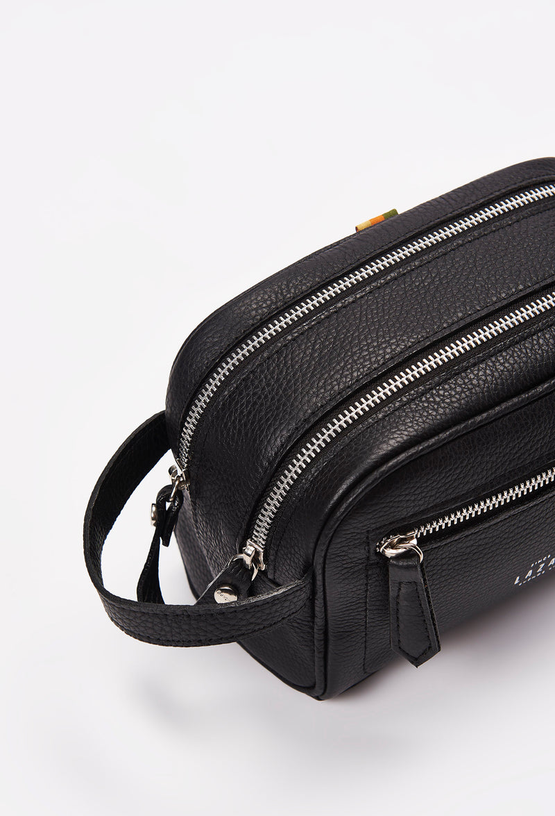 All Black Leather Toiletry Bag With Zipper