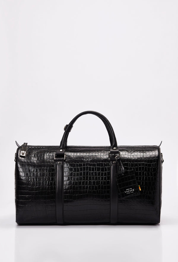 Front of a Croco Leather Duffel Bag with lock closure, Lazaro logo, leather id tag and leather handles.