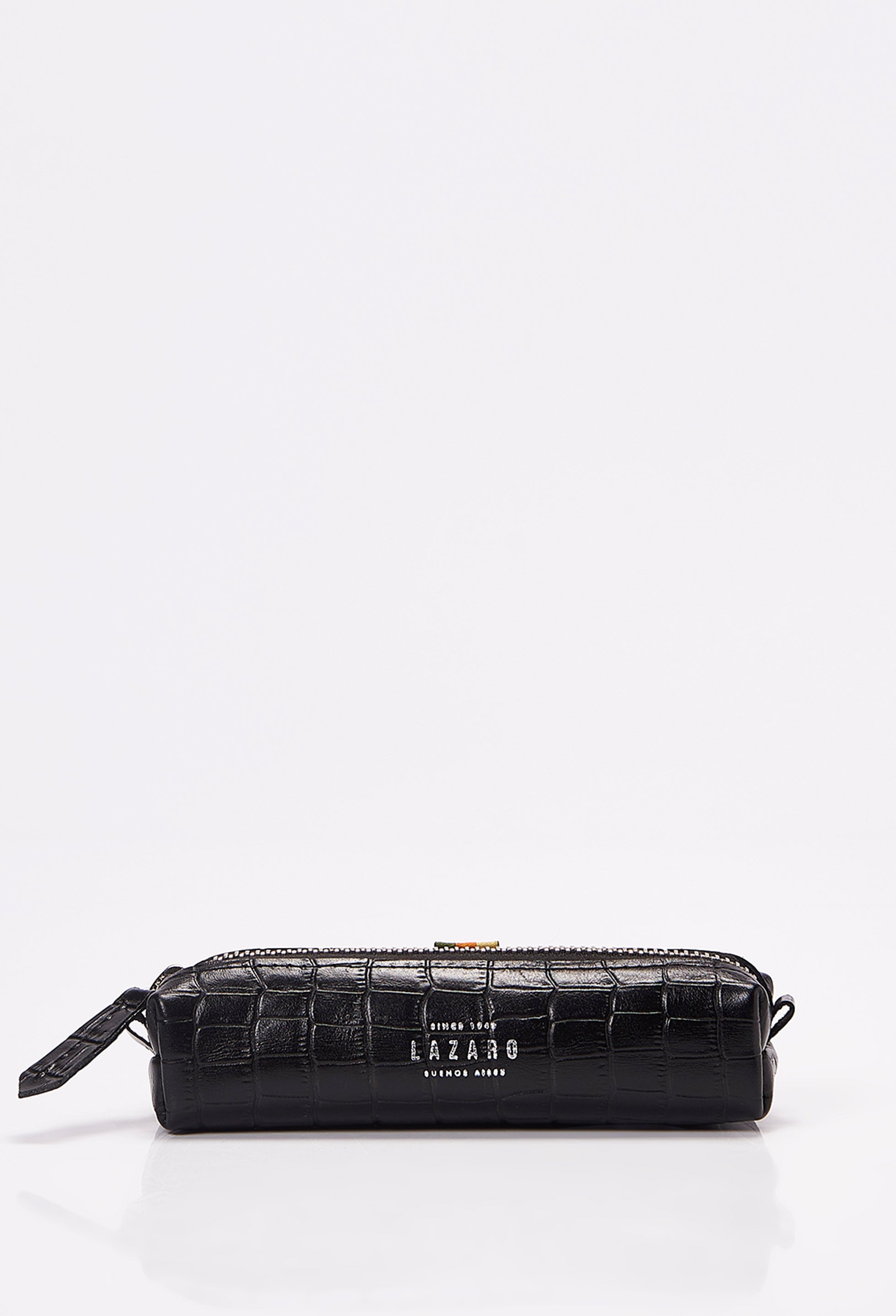 Front of a Black Croco Leather Pencil Case with Lazaro embossed logo.