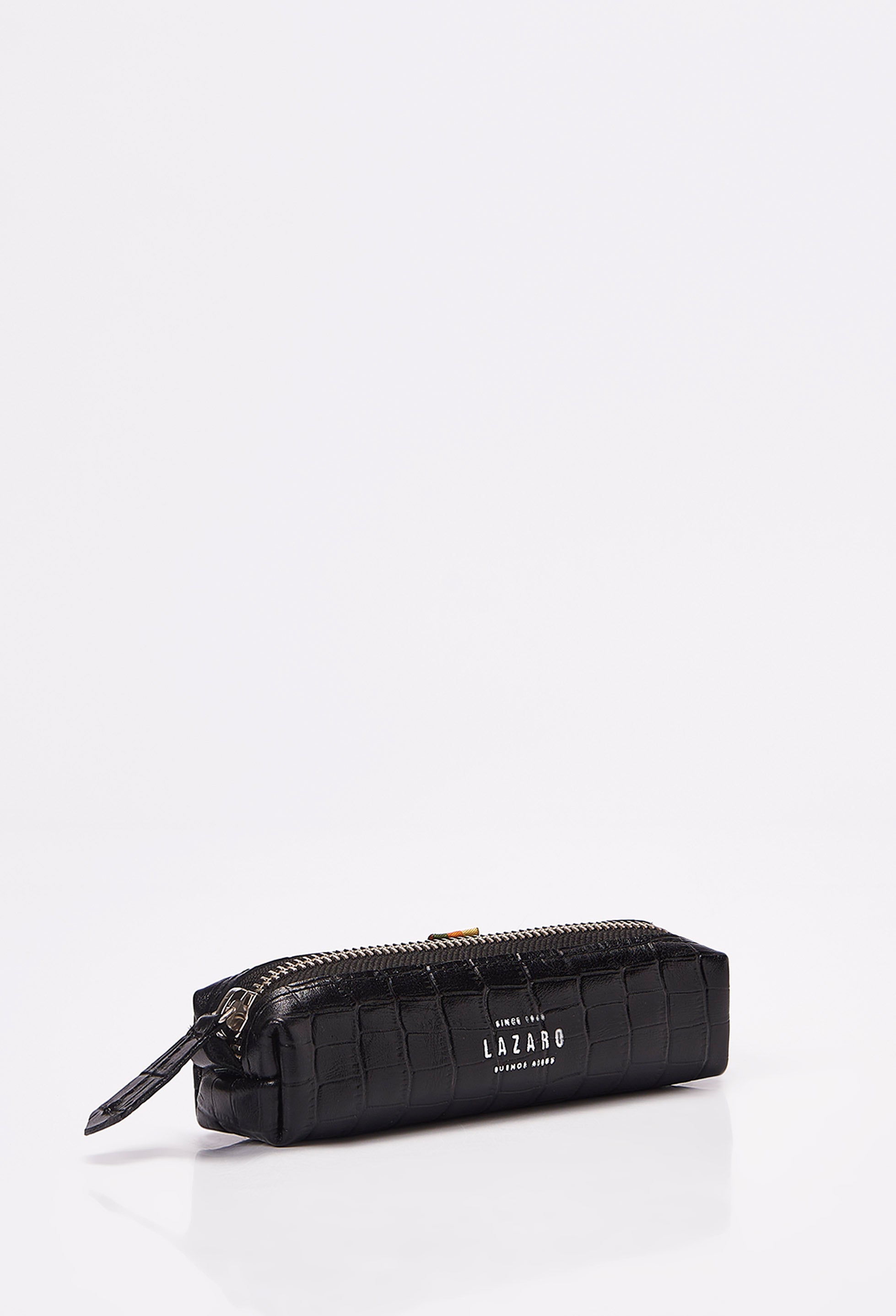 Side of a Black Croco Leather Pencil Case with Lazaro embossed logo.