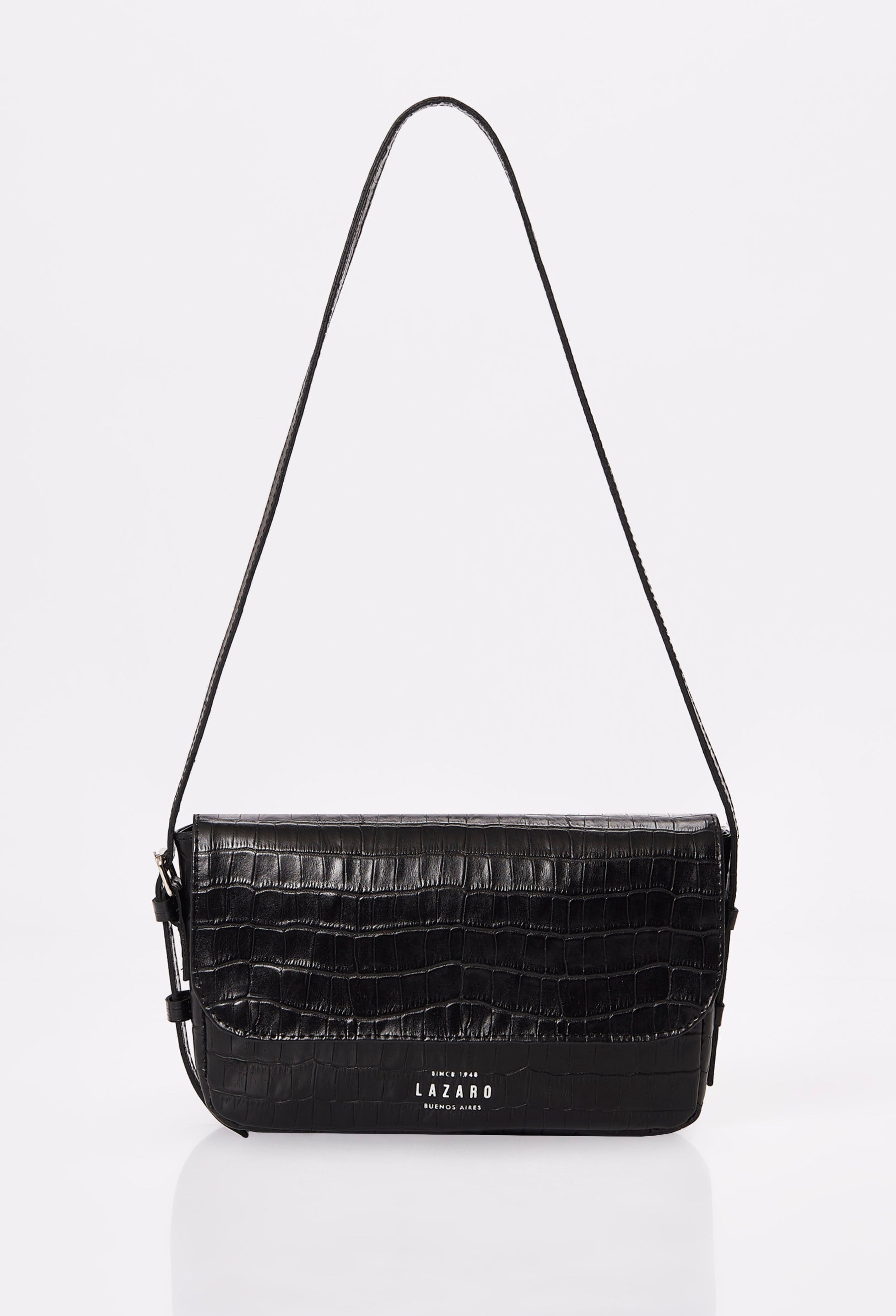 Front of a Black Croco Leather Shoulder Flap Bag Gwen with Lazaro logo.