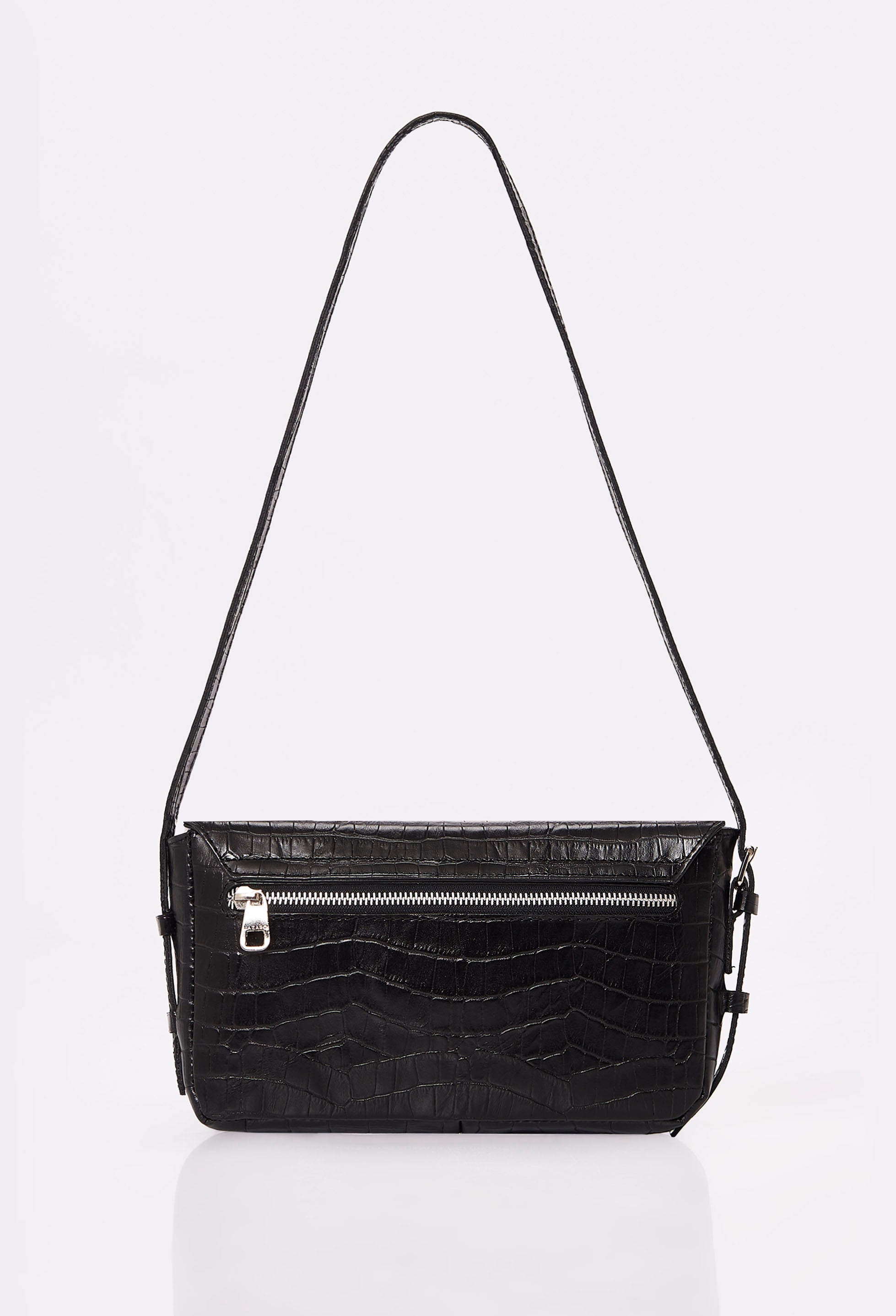 Rear of a Black Croco Leather Shoulder Flap Bag Gwen with a zippered pocket.