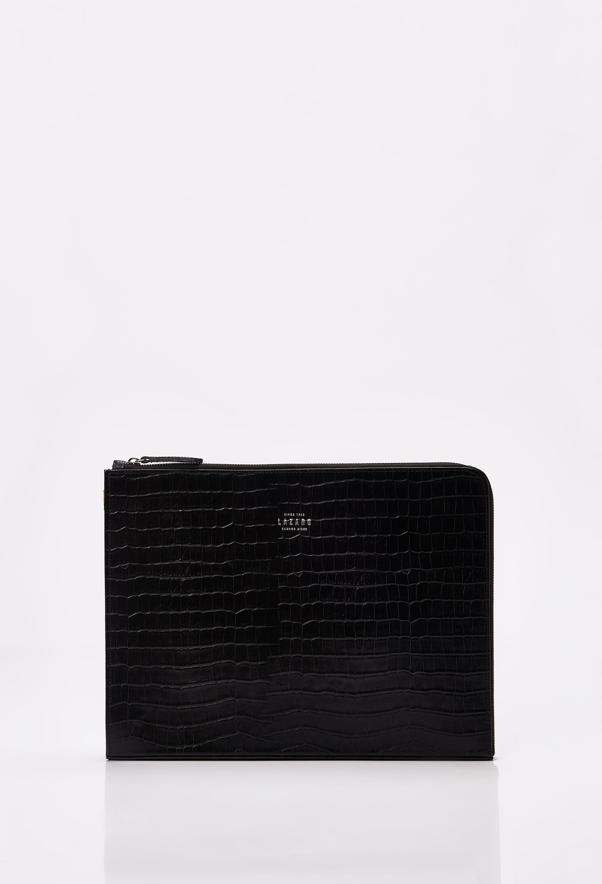 Front of a Black Croco Leather Slim Computer Case with Lazaro logo.