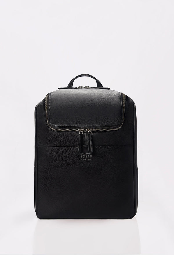 Front of a Black Leather Backpack with Lazaro logo and a front multifunctional pocket.