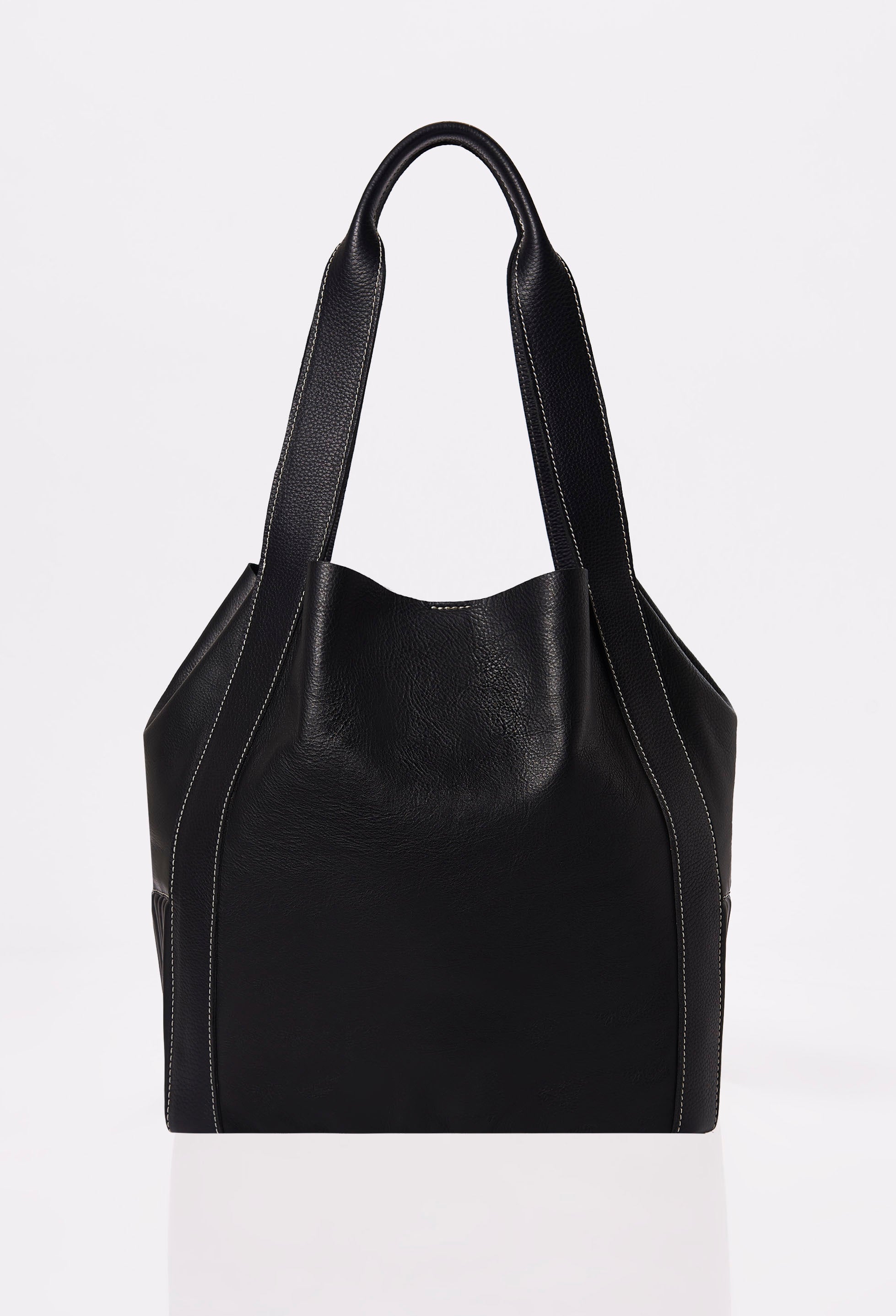 Rear of a Black Leather Bucket Bag Ushuaia with contrast stitching highlights.