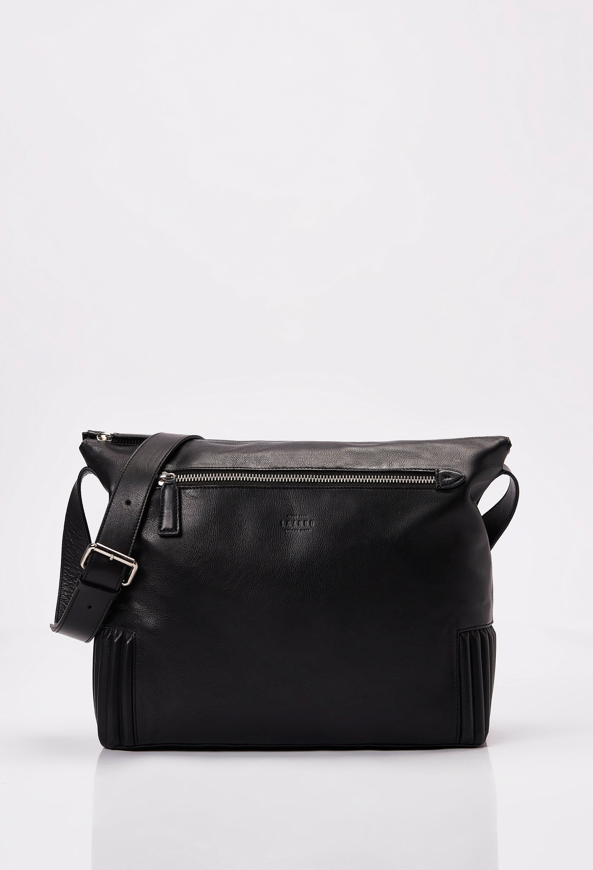 Front of a Black Leather Crossbody Messenger with Lazaro logo, a front multifunctional zippered pocket and a padded and adjustable leather shoulder strap.