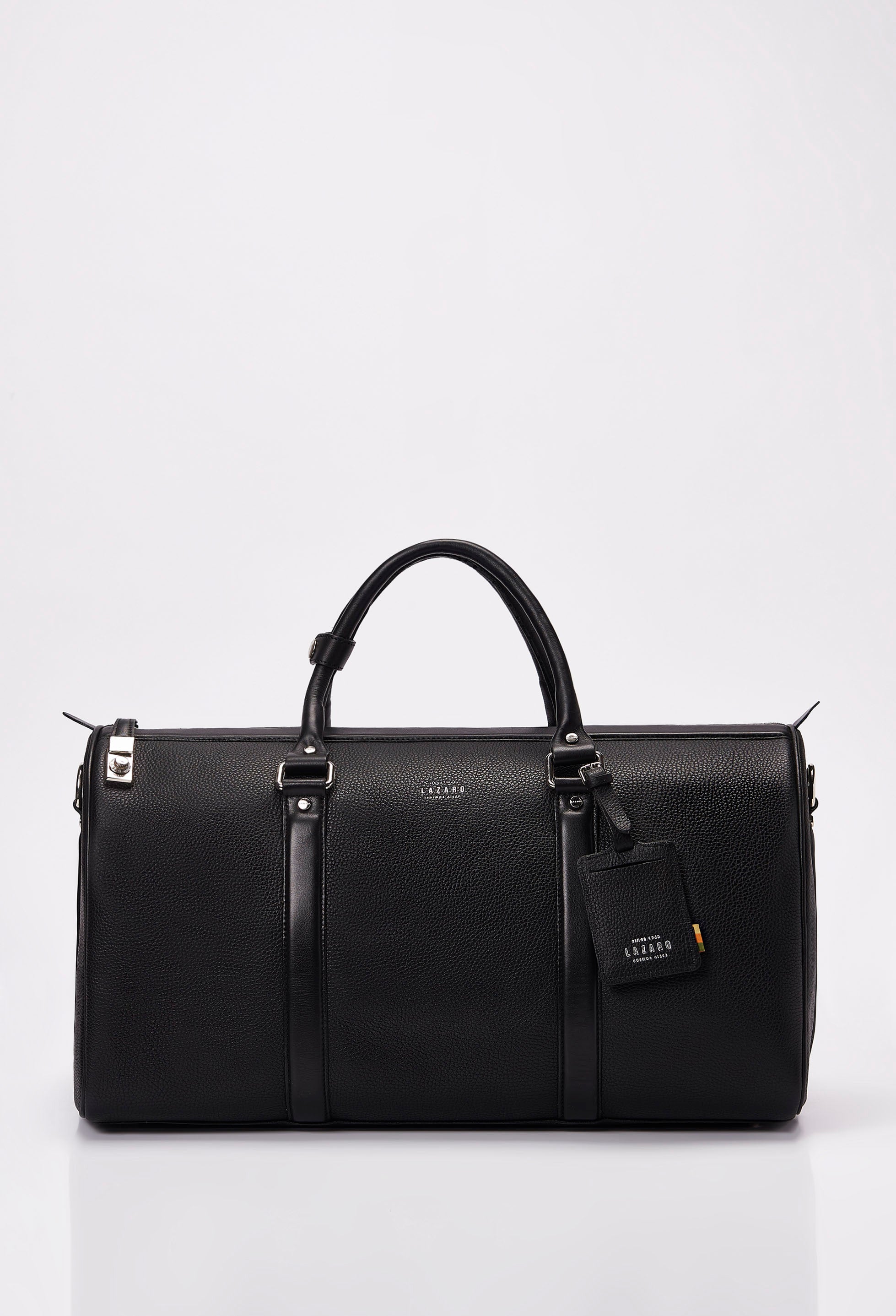 Front of a Black Leather Duffel Bag with lock closure, Lazaro logo, leather id tag and leather handles.