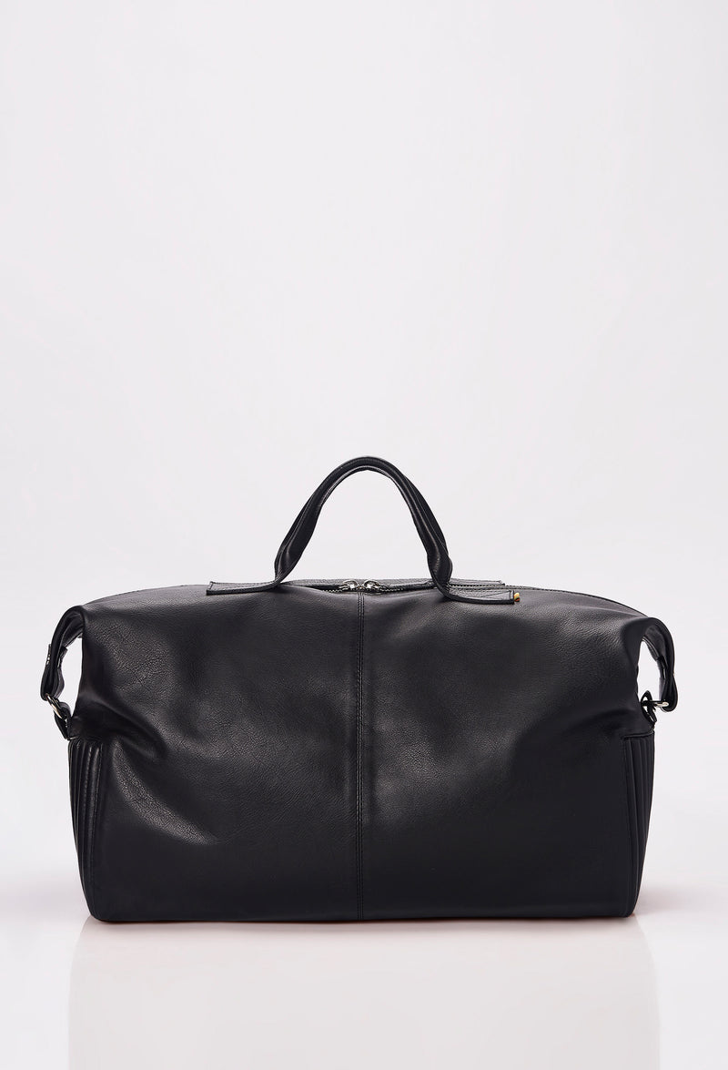 Rear of a Black Leather Duffel Bag.