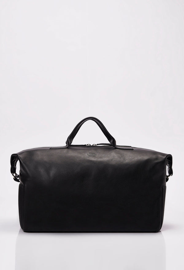 Front of a Black Leather Duffel Bag with Lazaro logo.