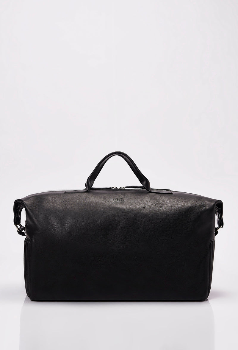 Front of a Black Leather Duffel Bag with Lazaro logo.