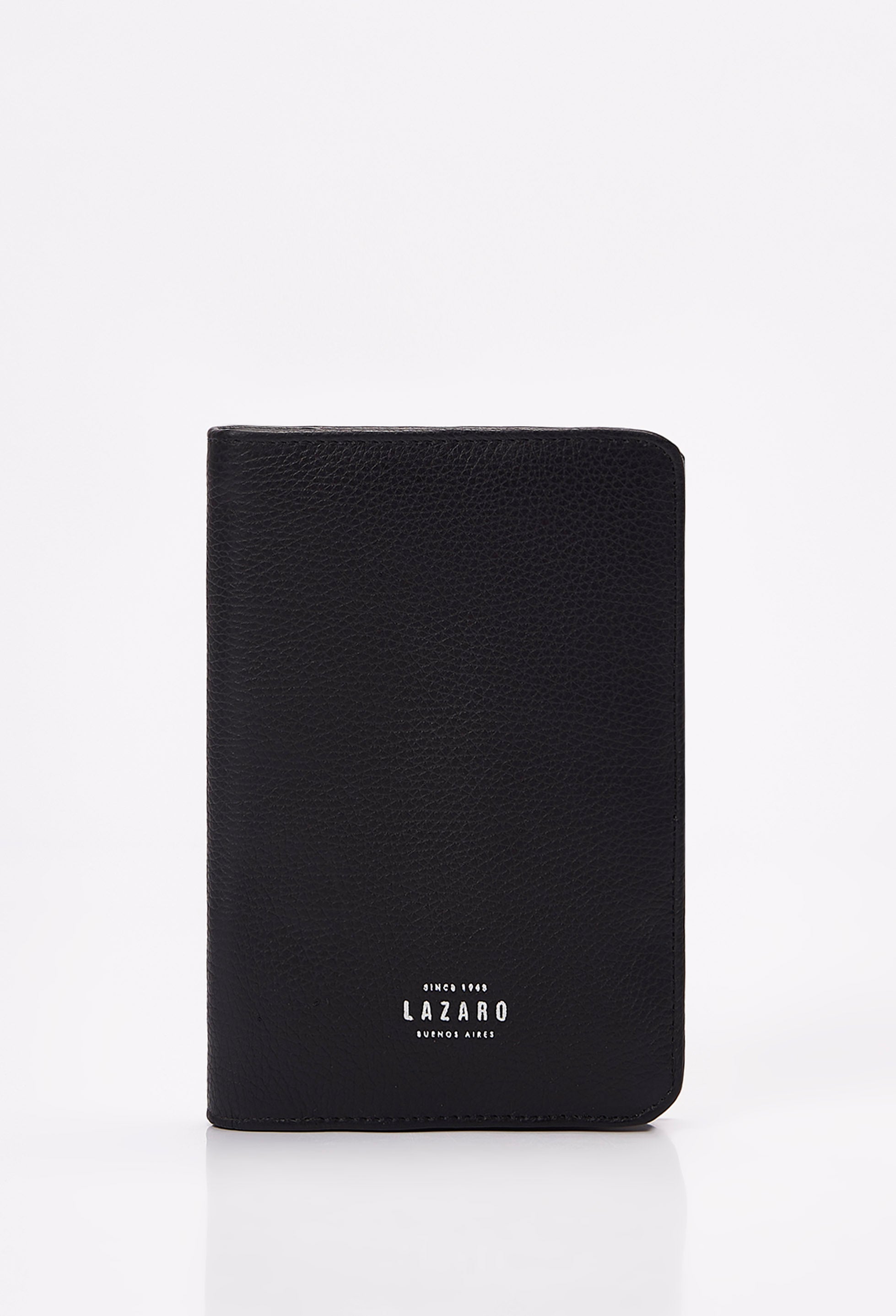 Front of a Black Leather Passport Holder with Lazaro logo.