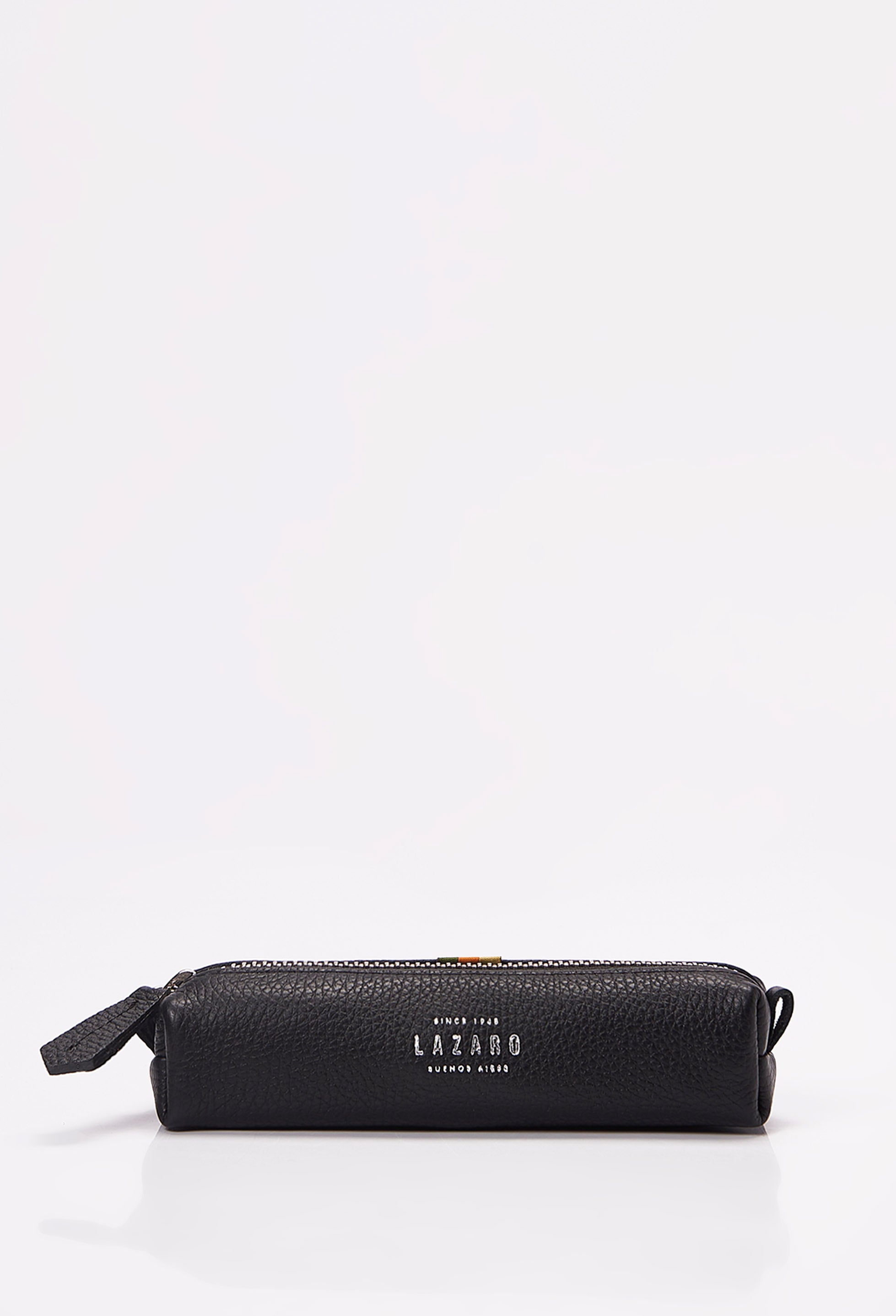 Front of a Black Leather Pencil Case with Lazaro embossed logo.