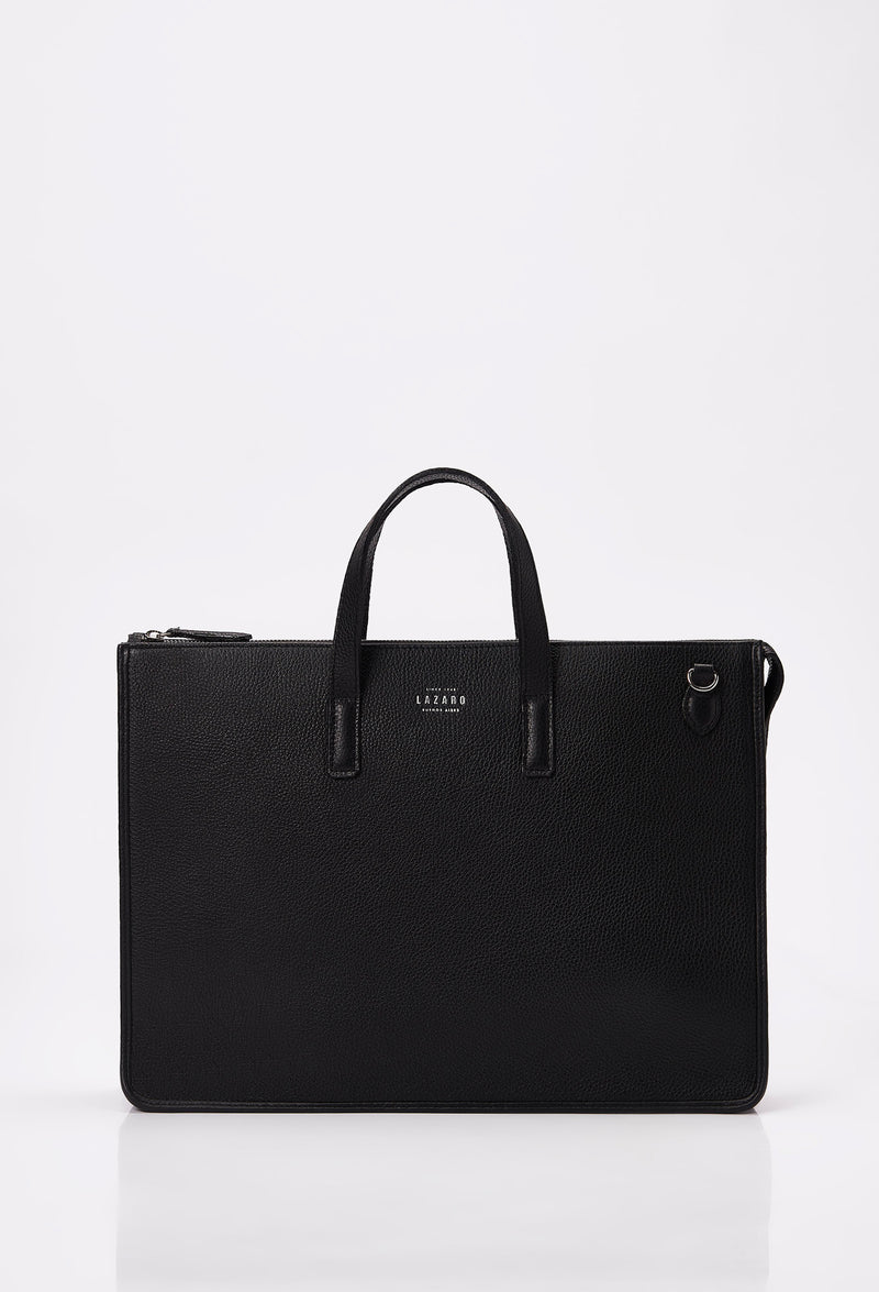 Front of a Black Leather Slim Briefcase with Lazaro logo.
