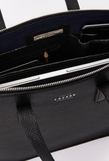 Interior photo of a Black Leather Slim Briefcase showing its main zippered compartment packed with a computer, internal multifunctional pockets and Lazaro silver ironwork.