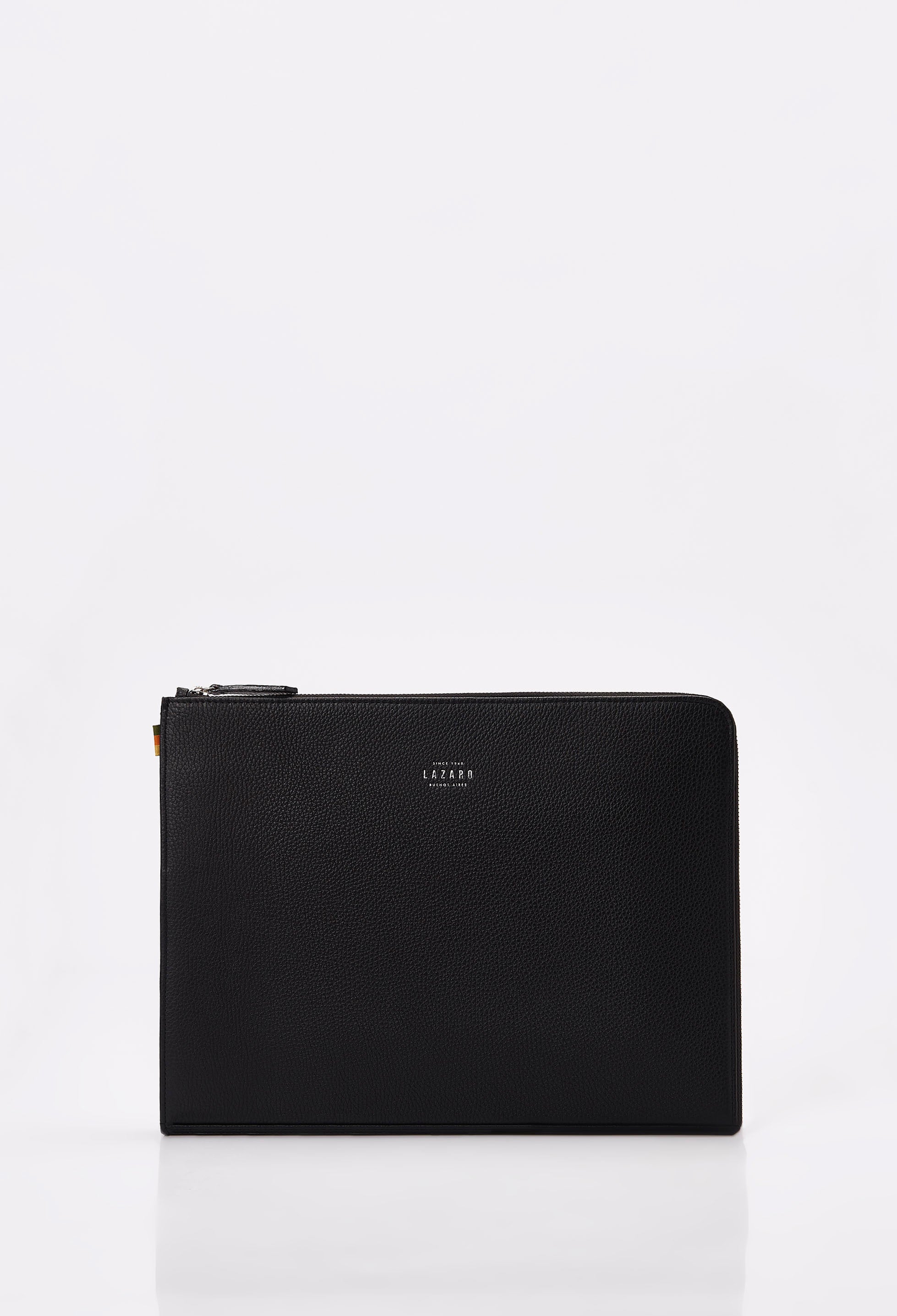 Front of a Black Leather Slim Computer Case with Lazaro logo.