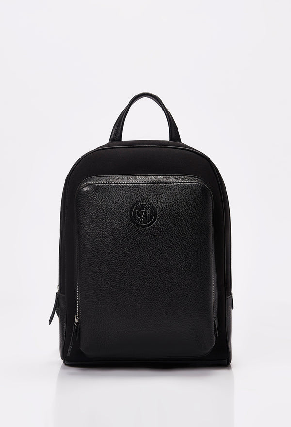 Front of a Black Neoprene and Leather Backpack with Lazaro logo and a front zippered pocket.