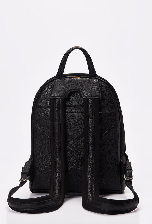Rear of a Black Neoprene and Leather Backpack ergonomically shaped with leather and neoprene padded and adjustable straps.